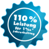 Blaues Siegel mit Text "110 % Leistung für 1 ‰ Jahresbeitrag"
