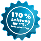 Blaues Siegel mit Text "110 % Leistung für 1 ‰ Jahresbeitrag"